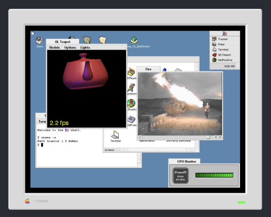 BeOS R3 running inside Infinite Mac showing GL Teapot, a movie playing, a terminal, a CPU meter and the Tracker desktop.