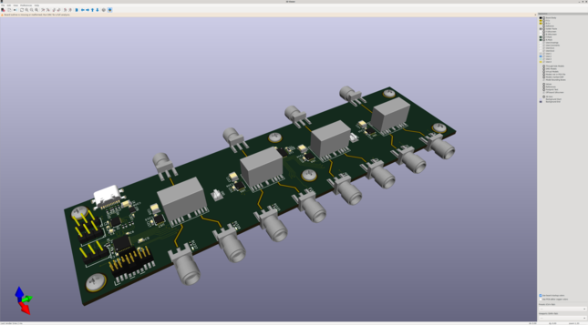 KiCAD 3D render of a board with four repeated circuits each consisting of two SMAs on one side of a relay and one on the other side.

The whole thing is controlled by a MCU powered by a USB port at one side.