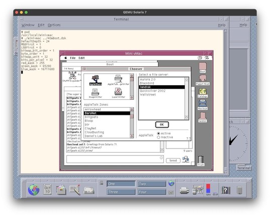A Mini vMac window is running System 7.1.1 and displaying a Chooser window in which we see AppleShare servers. Behind the Chooser, GlobalTalk Chat is visible. Behind the Mini vMac window, we can see a Solaris 7 desktop.