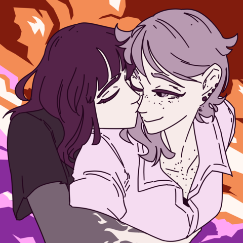 A colourful drawing of a woman hugging another from behind and giving her a peck on the cheek. The colour scheme is using the colours of the lesbian flag.