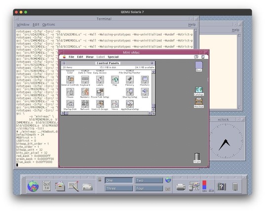The Mini vMac program is running on an emulated Solaris 7 machine. Its window is frontmost and shows the Finder displaying icons, which all have the expected colors.