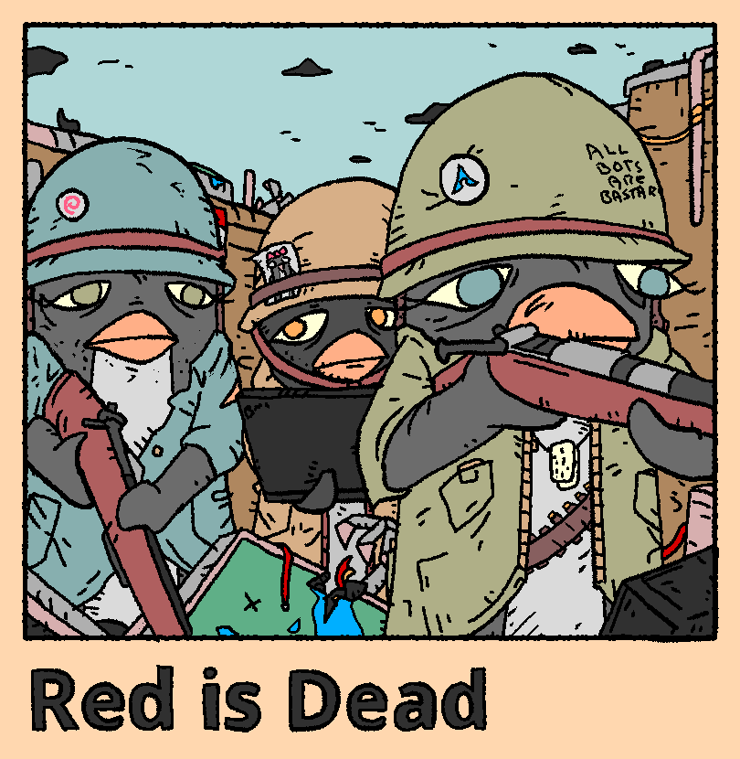 Red is Dead poster featuring 3 penguins with weapons and computers in a trench during the Corpo-Foss war.