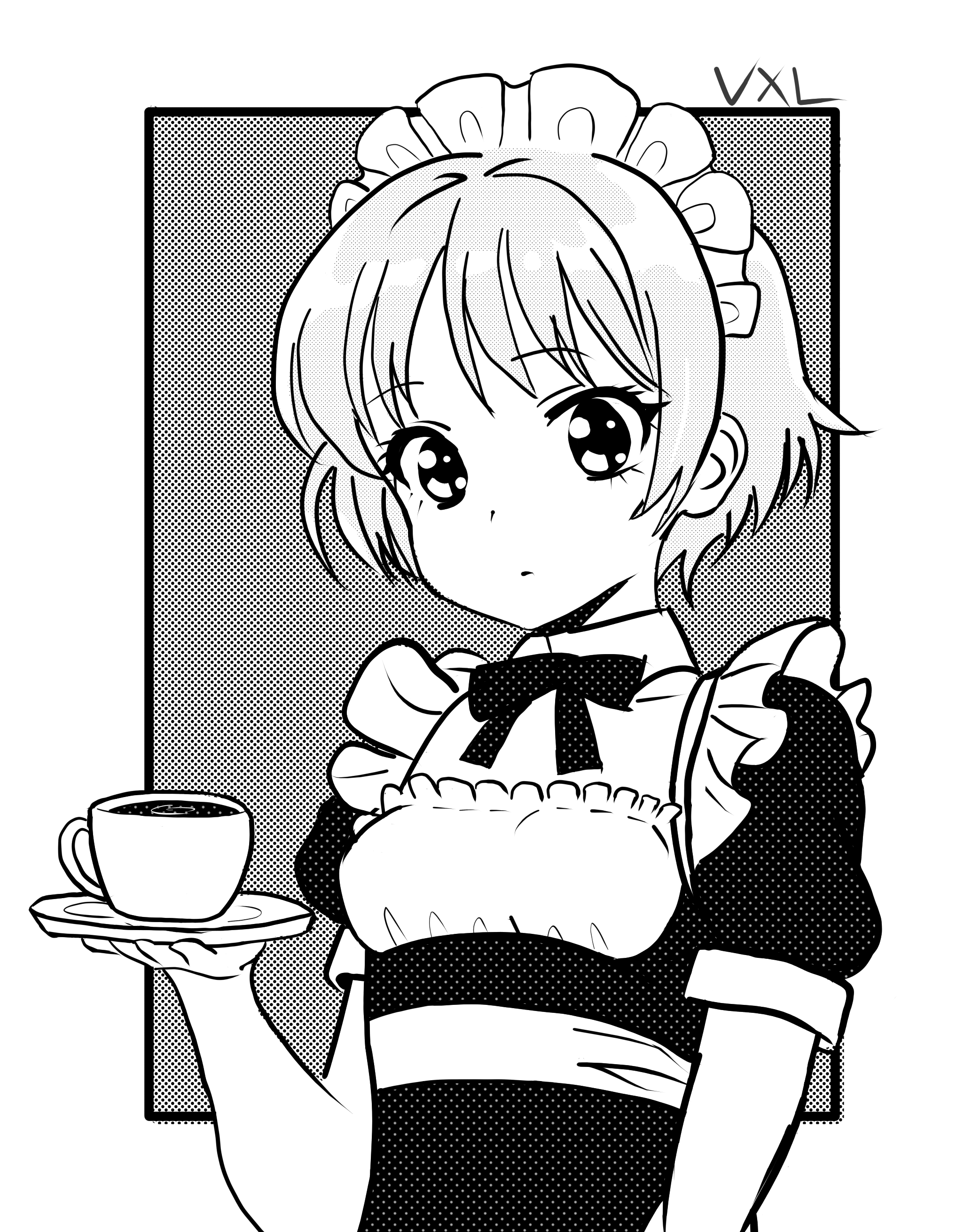 A manga style maid holds a cup of coffee slightly awkwardly. The artist is quite inconsistent. She's shaded with halftone dots that cause moire effects when scaled