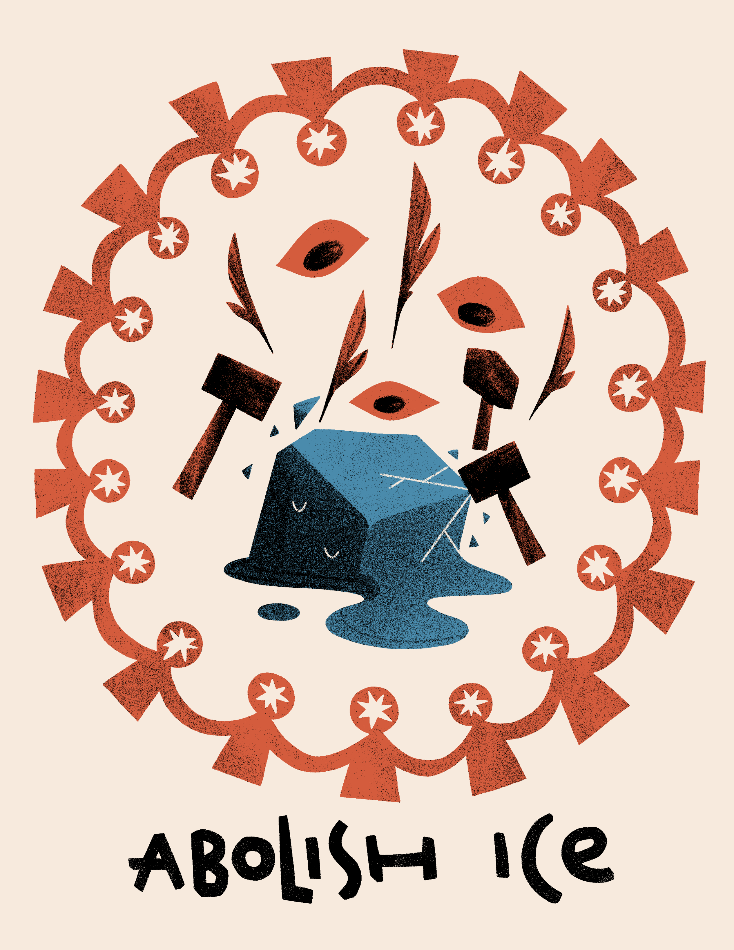 A ring of people with hands joined encircle a block of ice being melted and crushed by hammers, quill pens, and watchful eyes. In color.