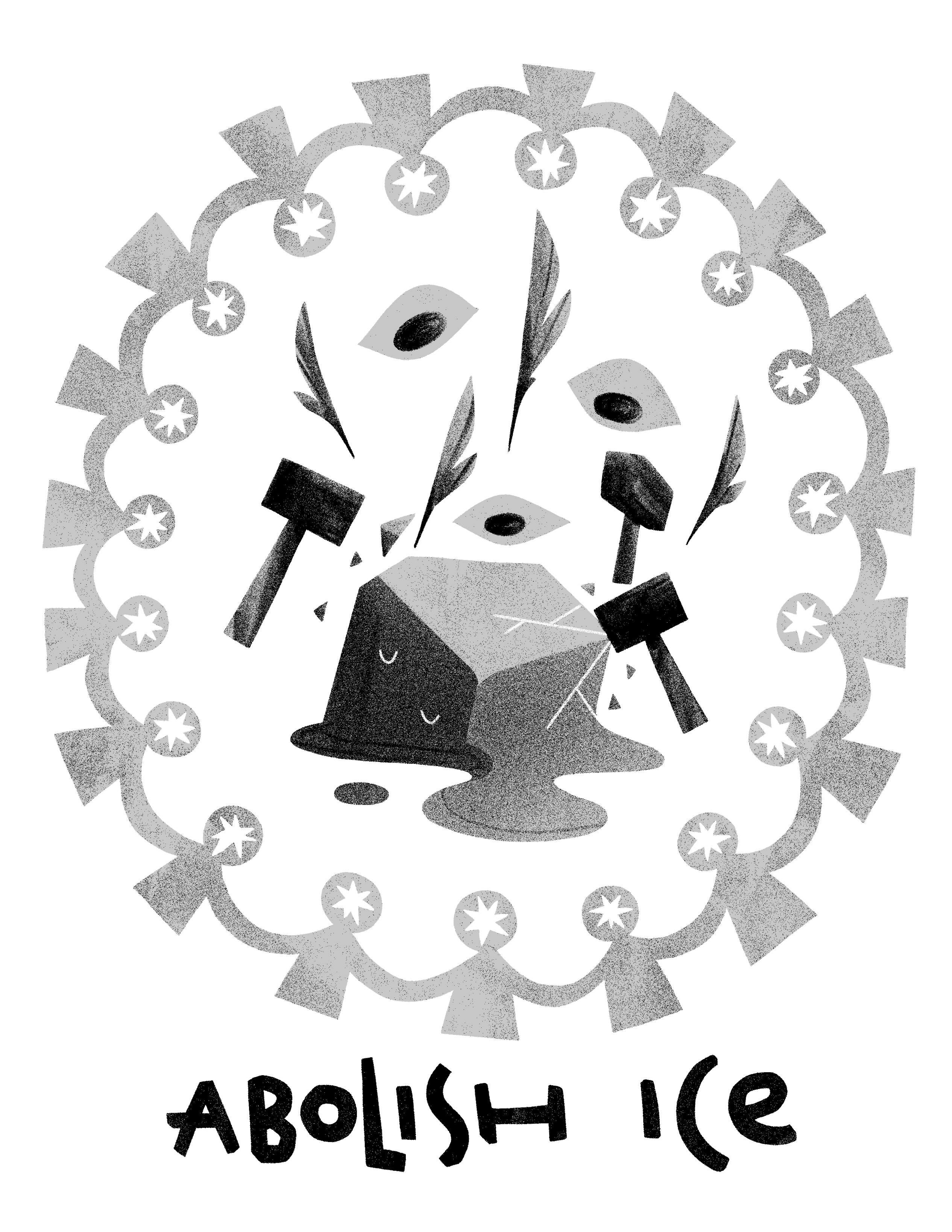 A ring of people with hands joined encircle a block of ice being melted and crushed by hammers, quill pens, and watchful eyes. In black and white.