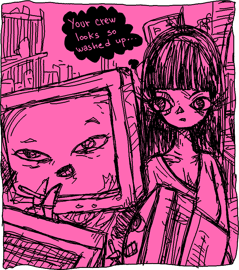 human encounters a gang of semi-sentients smoking with cigarettes in a hardware store

"your crew looks so washed up..." the human thinks to itself