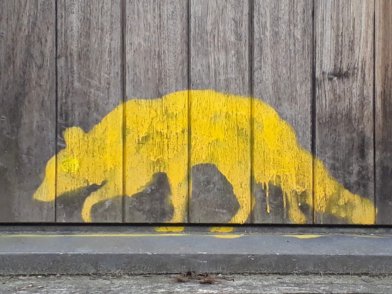 Silhouette of a fox spray-painted on a wooden door in a yellow reminiscent of road markings. The fox seems to be walking in front of the door.