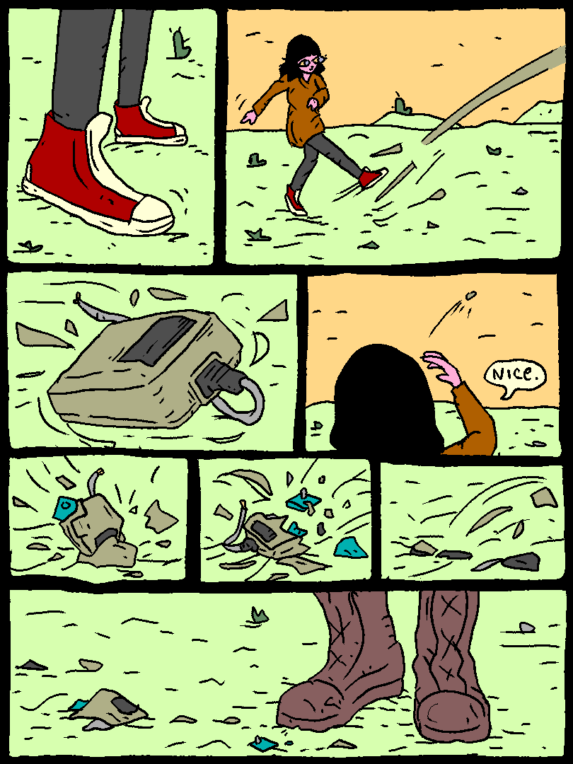 Girl is kicking random trash around the desert.

It lands by foreign feet.