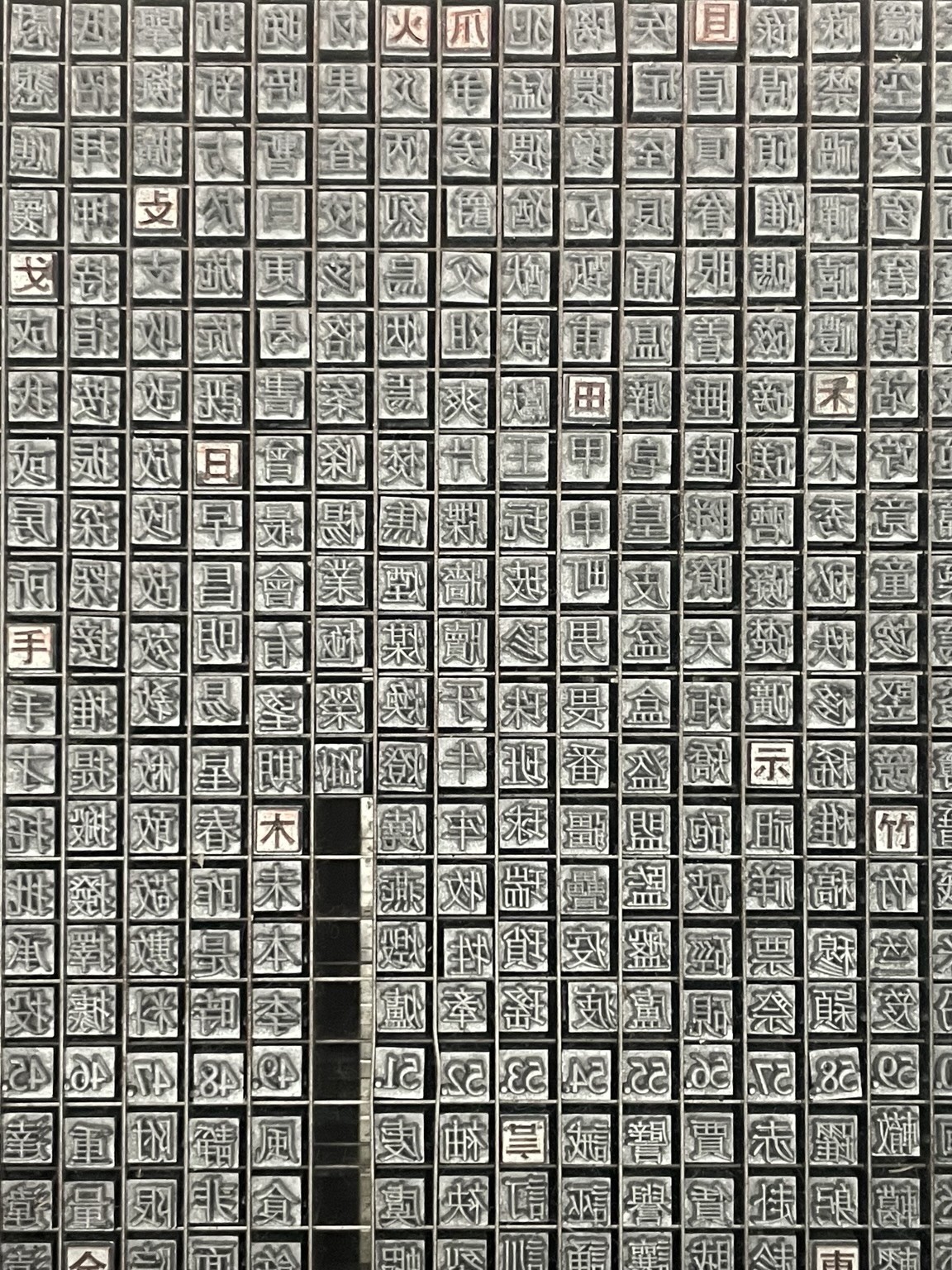Minimalistic and geometric photography.

Close-up of chinese typewriter. Engraved ideograms lined-up on a grid. On the bottom, a vertical partially empty row breaks the grid.