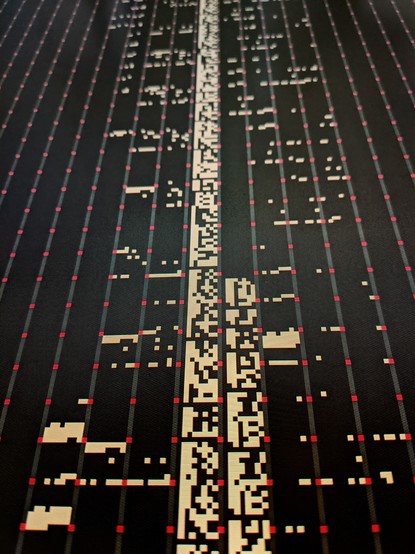 simpest viz; each byte is an 8-pixel line, each pixel represents a bit. plus a minimal grid with purple dots every 8 bytes