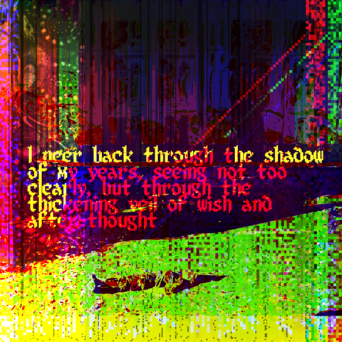 A faceless figure lays on neon green grass outside a large Victorian building with ornate windows rendered in dark red and purple. Intense shadows are cast by an unseen structure. An illustration of a rat and other ornaments climb the right side of the frame. Red, green, and blue pixel noise intersects the image across the horizontal center and vertically on either side, with single-pixel lines crossing diagonally from the top right. In the centre, the text 'I peer back through the shadow of my years, seeing not too clearly, but through the thickening veil of wish and after-thought'