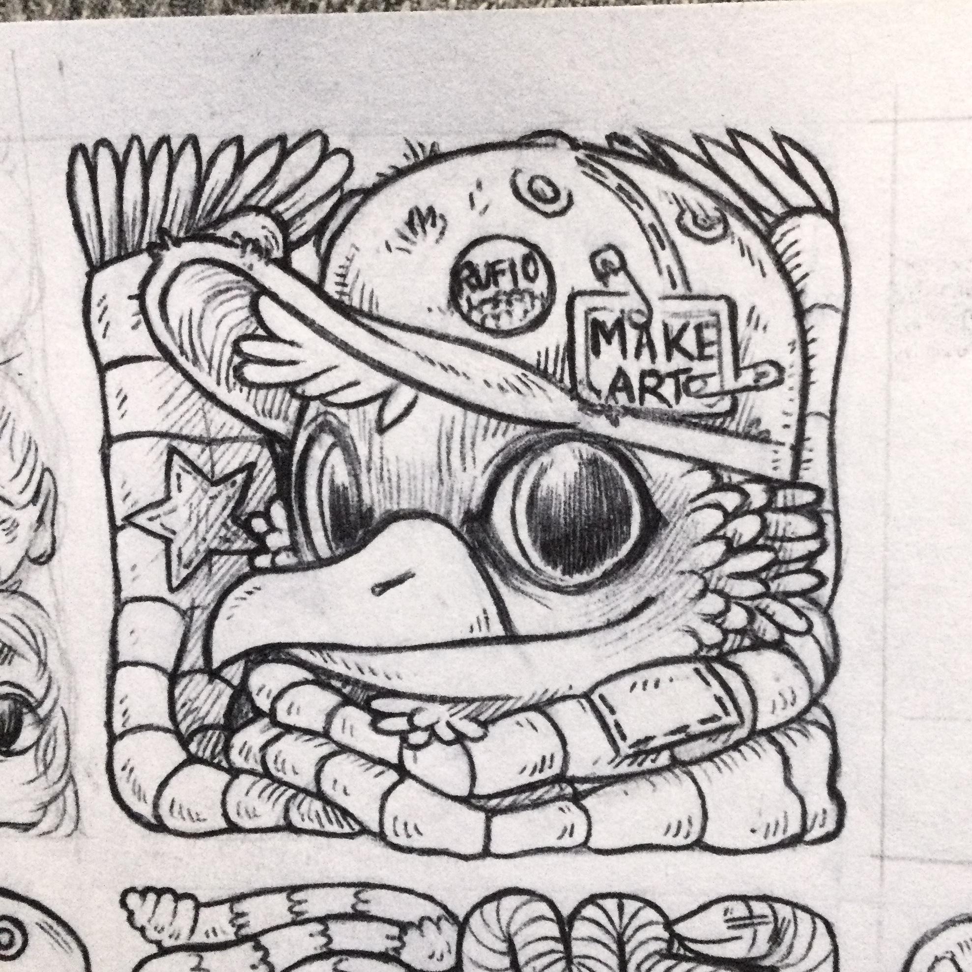 An ink drawing of a humanoid bird wearing a cap with patches and pins, they’re also wearing a  long striped scarf.